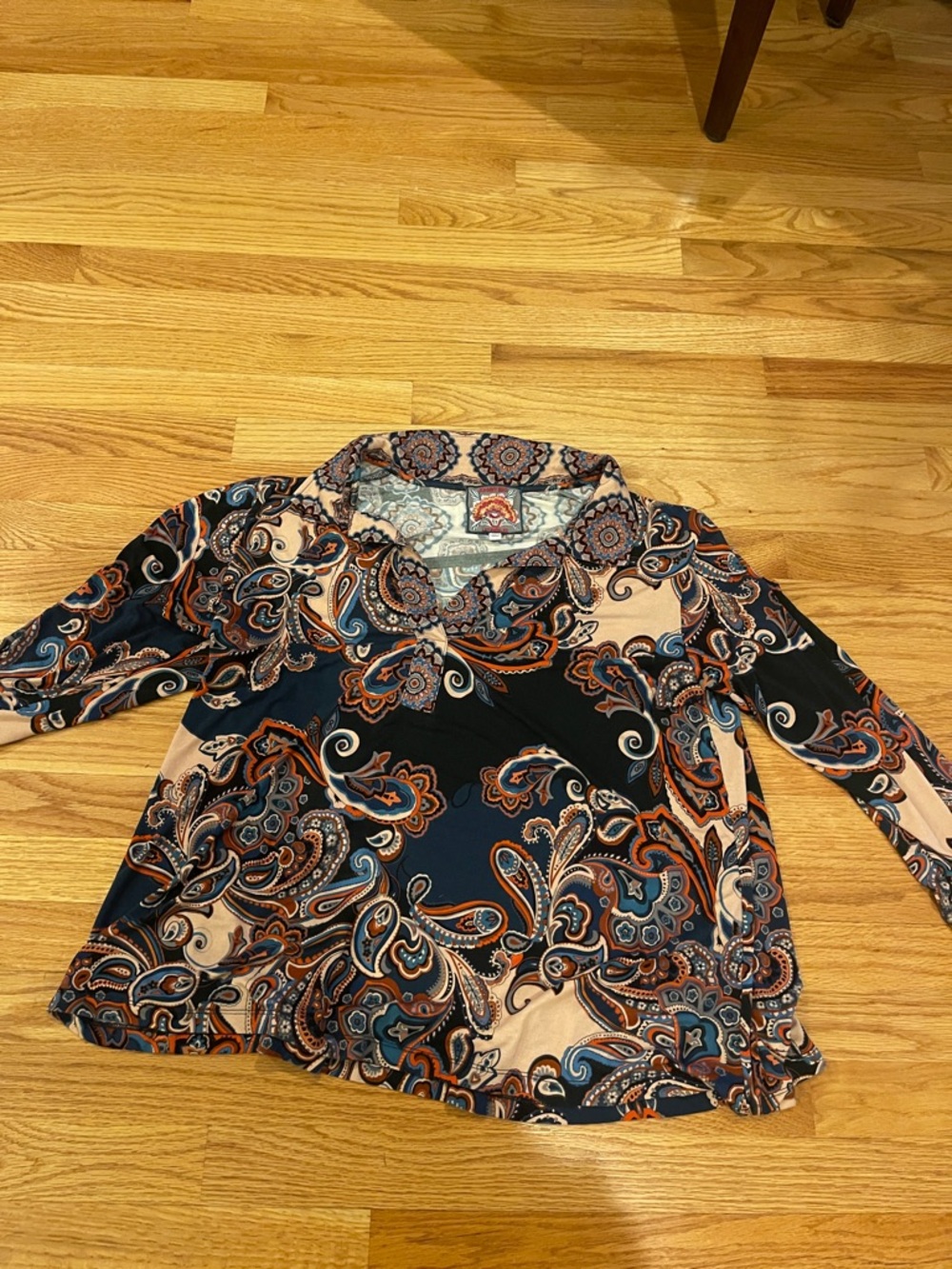 Johnny Was Navy Blue Paisley Long-Sleeve Top with Rust and Cream Accents